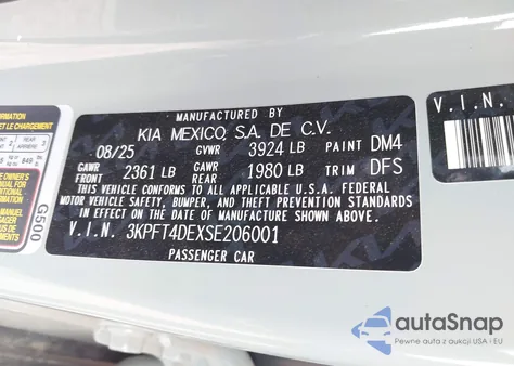 2025 Kia K4 Lxs z USA, uszkodzony, nr VIN 3KPFT4DEXSE206001